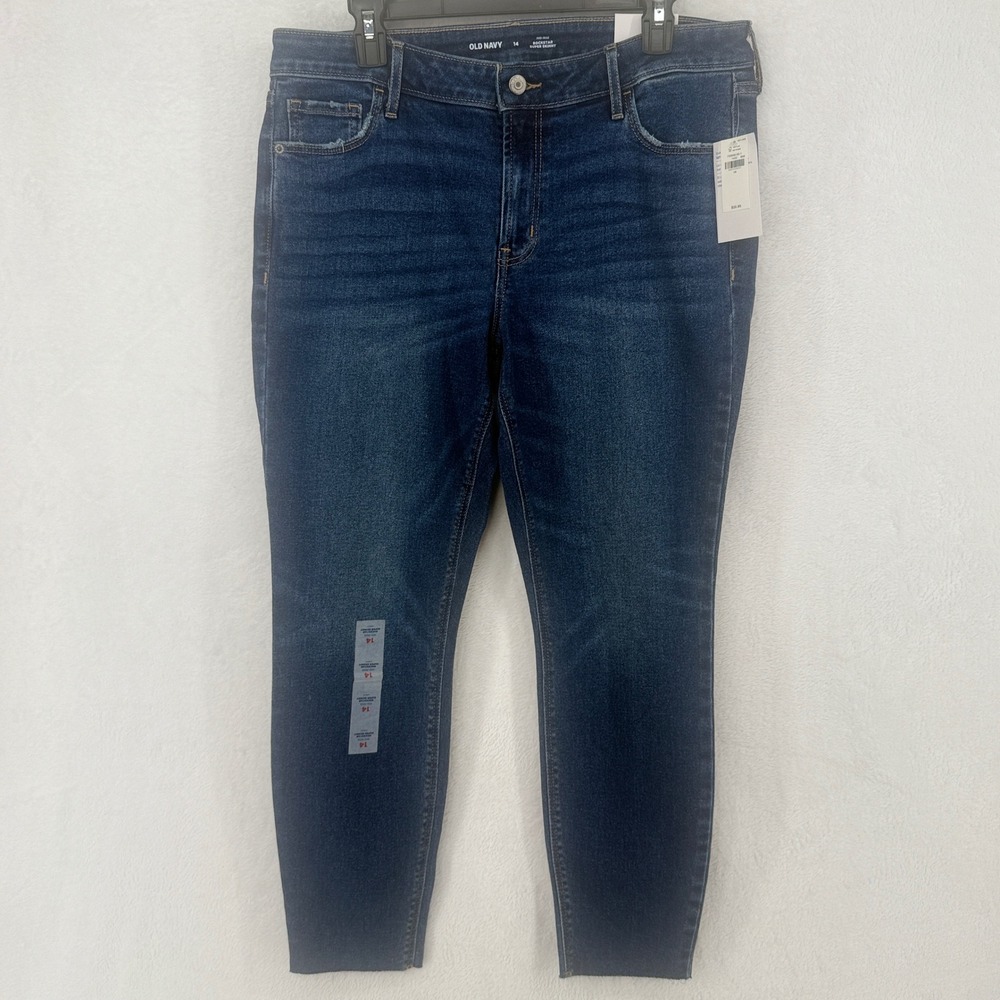NWT Old Navy Rockstar Super Skinny Jeans Women 14 Blue Mid-Rise‎ Raw Hem Denim